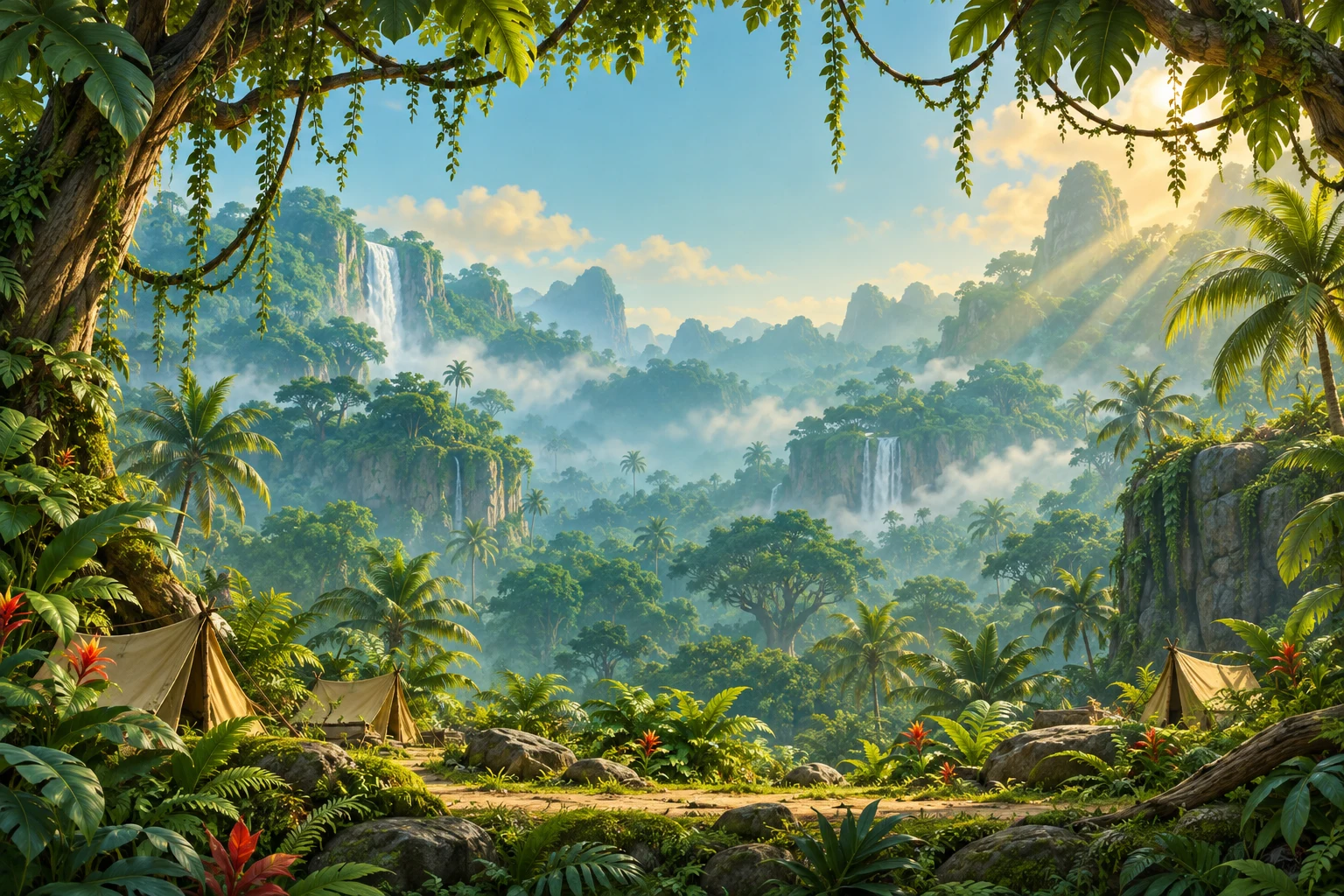 A sunlit jungle valley with waterfalls and distant mountains